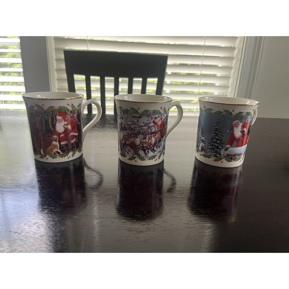 Lenox Coffee Cups Santa's Holiday Journey Vintage Christmas Mugs Set of 3